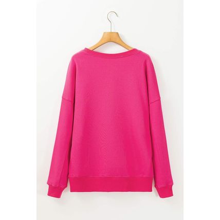Rose Red Drop Shoulder Crisscross Stitching Pocketed Loose Sweatshirt