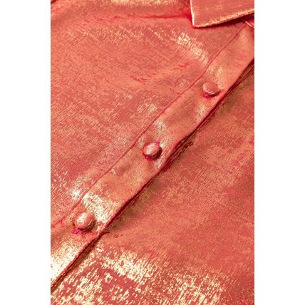 Peach Blossom Metallic Sheen Puff Sleeve Button Up Mini Shirt Dress