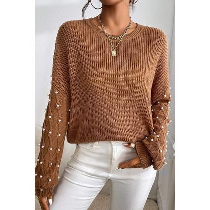 Chestnut Beaded Drop Shoulder Round Neck Sweater