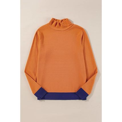 Straw Yellow Color Contrast Edge Mock Neck Slim Fit Sweater