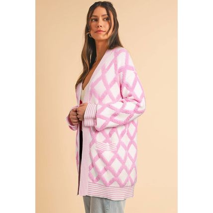Pink Rhombus Pattern Knit Open Front Pocketed Cardigans