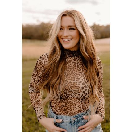 Brown Leopard Smocked Neck Mesh Long Sleeve Bodysuit