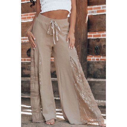 Smoke Gray Boho Lace Patchwork Wide Leg High Waist Pants
