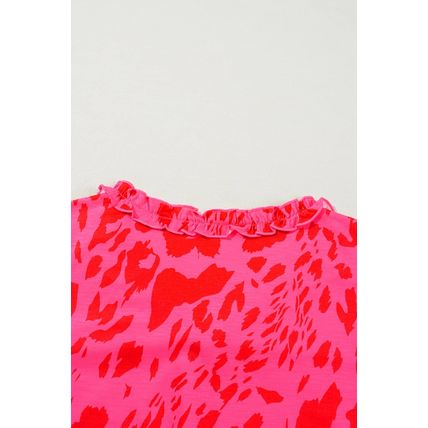 Rose Leopard Frilly V Neck Short Sleeve Blouse