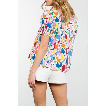 White Abstract Print Shirred Cuff Puff Sleeve Plus Size Blouse