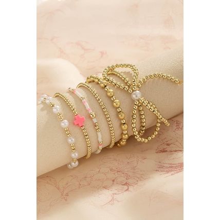 Gold Bow Knot Pearl Decor Beaded Plated Layered Bracelet