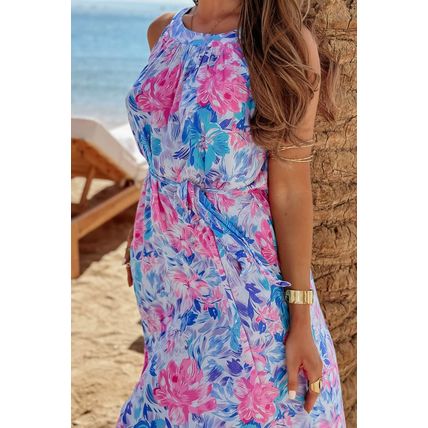 Sky Blue Floral Printed Sleeveless O Neck Knot Waist Maxi Dress
