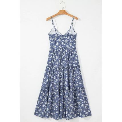 Blue Floral Spaghetti Strap Frilled V Neck Tiered Midi Dress