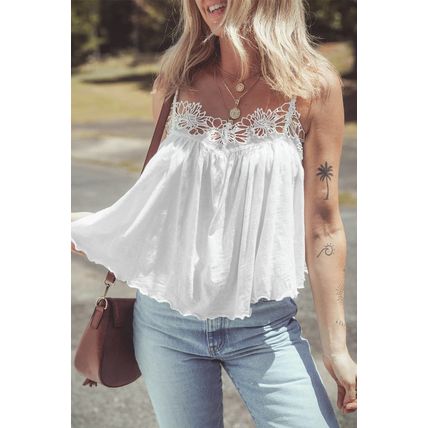 White Lace Splicing Spaghetti Straps Ruffle Flared Tank Top