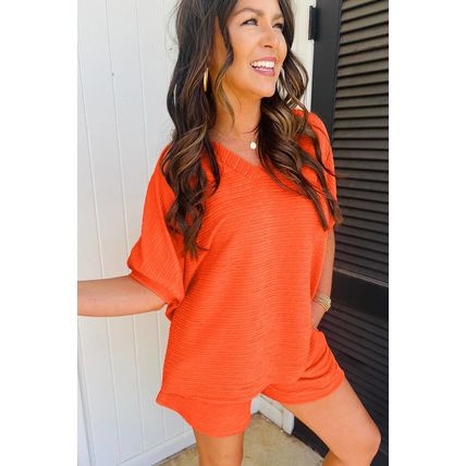 Orange Textured V Neck T Shirt and Shorts Set
