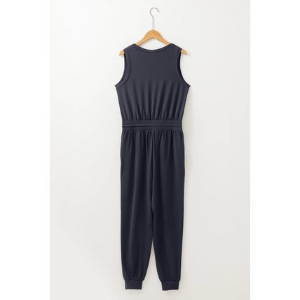 Black Casual Tank Style Tie Waist Pocketed Jogger Jumpsuit