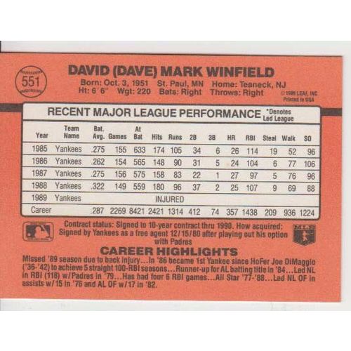 1990 Donruss baseball Dave Winfield card #551 - NM -HOF- Yankees