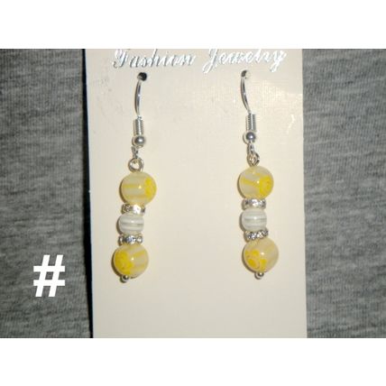 Millefiori style yellow & white & banded white glass earrings & clear rhinestone