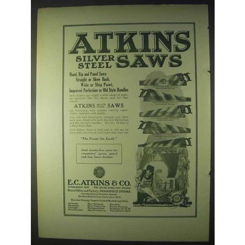 1922 Atkins Silver Steel Saws Ad - Hand, Rip, Panel