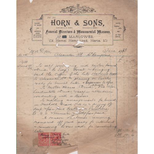 Horn & Sons 1933 Funeral Directors invoice