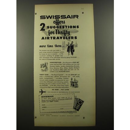 1954 Swissair Airlines Ad - 2 suggestions for thrifty air travelers