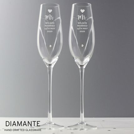 Flutes pair Diamante Hand Crafted Glasses heart anniversary engagement Wedding