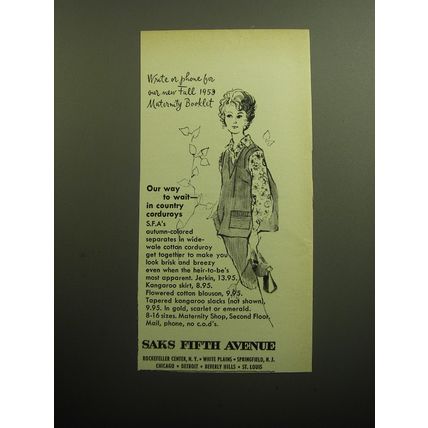 1958 Saks Fifth Avenue Fashion Ad - Write or phone for