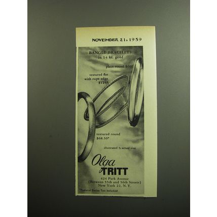 1959 Olga Tritt Jewelry Advertisement - Bangle Bracelets in 14 kt. gold