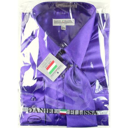 NWT Daniel Ellissa Men's Shiny Purple Satin Dress Shirt & Tie Set, 17.5 (34/35)