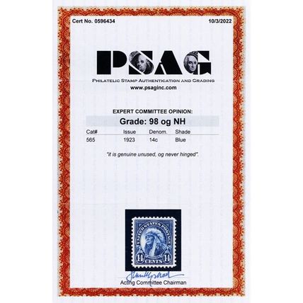 565, Mint Superb NH 14¢ - With Graded 98 PSAG Certificate - Stuart Katz