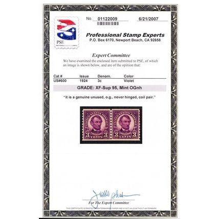 600, Mint XF/Superb GEM NH 3¢ Pair With Graded 95 PSE Certificate Stuart Katz