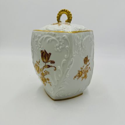 Limoges France Porcelain Floral Gold Painted Biscuit Jar Lidded 7" Twisted Rare