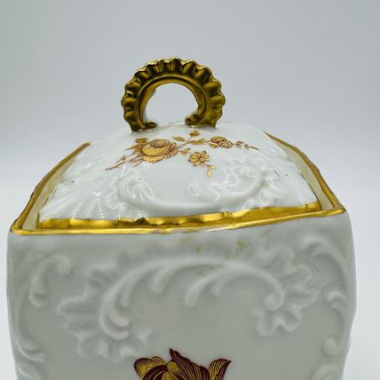 Limoges France Porcelain Floral Gold Painted Biscuit Jar Lidded 7" Twisted Rare