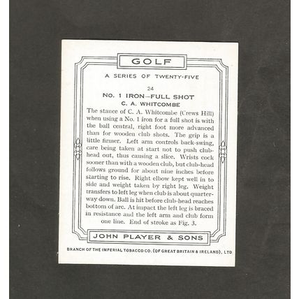 Players Golf 1939 Card #24 No 1 Iron Full Shot C.A.Whitcombe