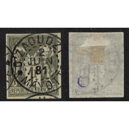 Mayotte 1 Fr Olive sur paille canc '2 Juin 1881' Certified?? 1881 Canc
