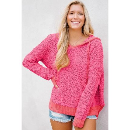 Rose Loose Popcorn Textured Hooded Sweater