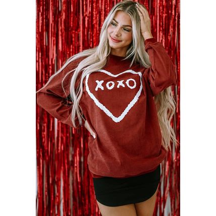Racing Red XOXO Heart Shape Graphic Corded Sweatshirt