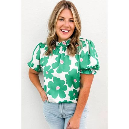 Green Floral Puff Sleeve Frill Neckline Blouse