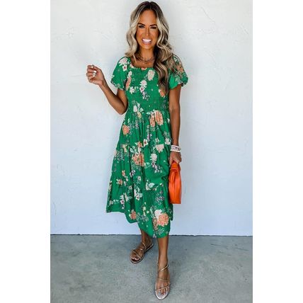 Green Floral Print Bubble Sleeve Smocked Tiered Midi Dress