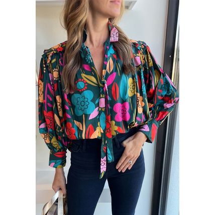Green Floral Knot Split Neck Puff Sleeve Blouse
