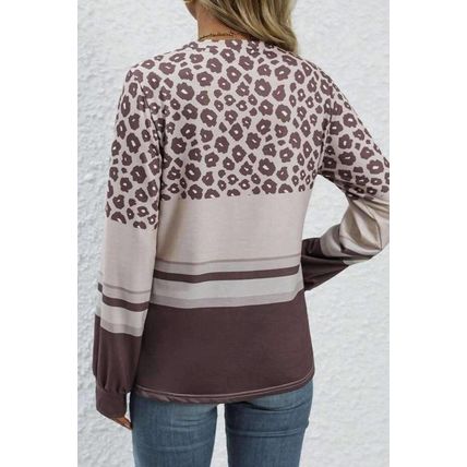 Brown Leopard Color Block Crewneck Long Sleeve Top