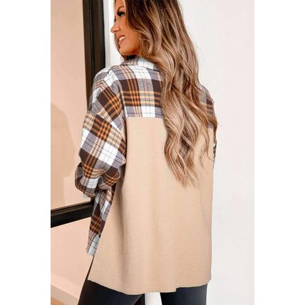 Khaki Thermal Knit Plaid Patchwork Shacket