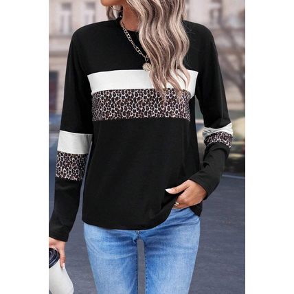 White Leopard Colorblock Patchwork Crew Neck Long Sleeve Tee