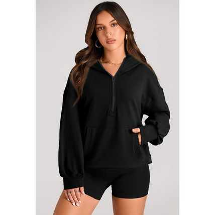 Black Solid Kangaroo Pocket Half Zipper Oversized Hoodie