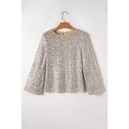 Silvery Sequin Puff Sleeve Cutout Back Blouse