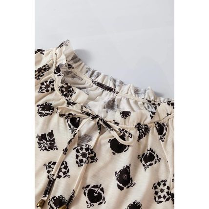 White Printed Split Neck Bubble Sleeve Loose Blouse