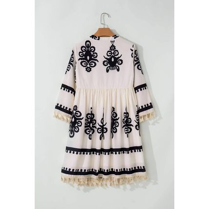 Beige Western Pattern Print Tasseled Notch V Neck Mini Dress