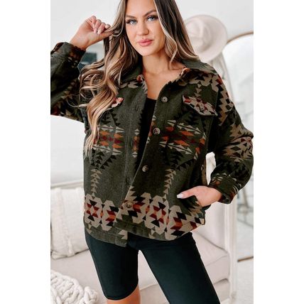 Green Aztec Print Flap Pockets Long Sleeve Shacket