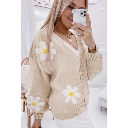 Parchment Elegant Flower Decor Button Front Cardigan