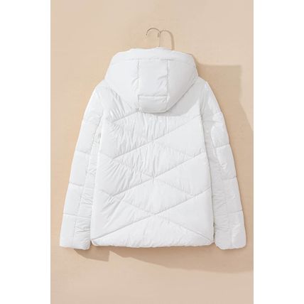 White Solid Quilted Hooded Zip Up Puffer Coat