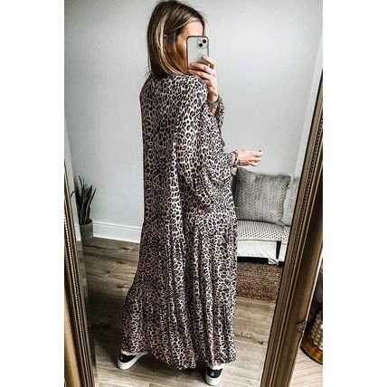 Apricot Leopard Print Tiered Wide Sleeve Maxi Dress