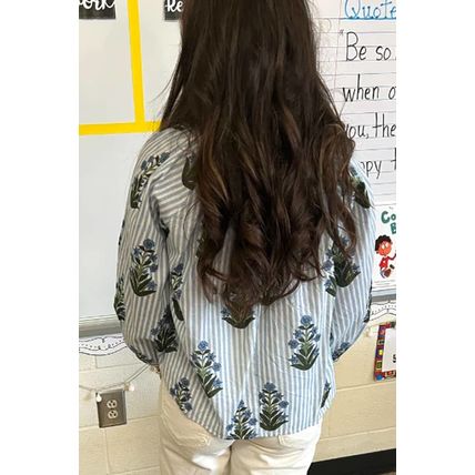 Beau Blue Striped Floral Printed Long Sleeve Tied V Neck Blouse