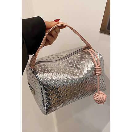 Silvery Lattice Texture Corded Ball Decor Weaven Handle Cosmetic Bag