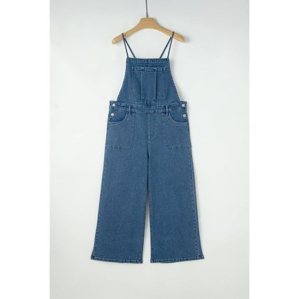 Dusk Blue Adjustable Tie Straps Cropped Wide Leg Denim Overalls