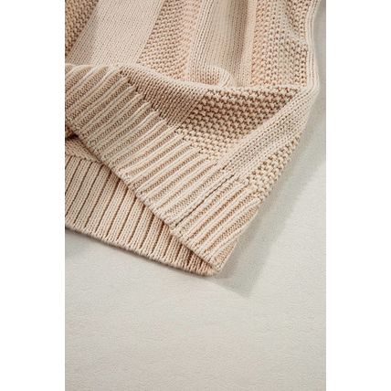 Pale Khaki Solid Color Cable Knit Ribbed Loose Sweater